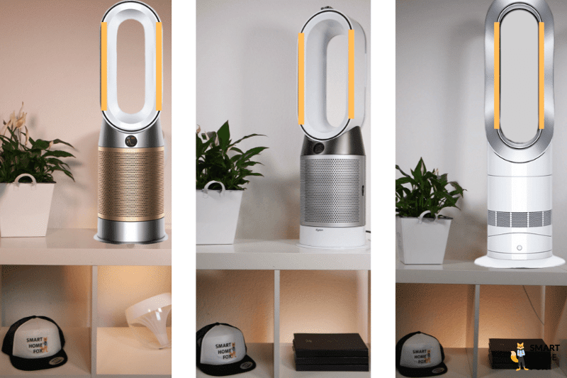 Verschiedene Dyson Heizlüfter stehen auf einem Tisch im Test und Vergleich und dienen als Alternativen zu Heizköperverstärkern weil Heizkörpoer Ventilatoren vom Vermieter in der Wohnung verboten sind.